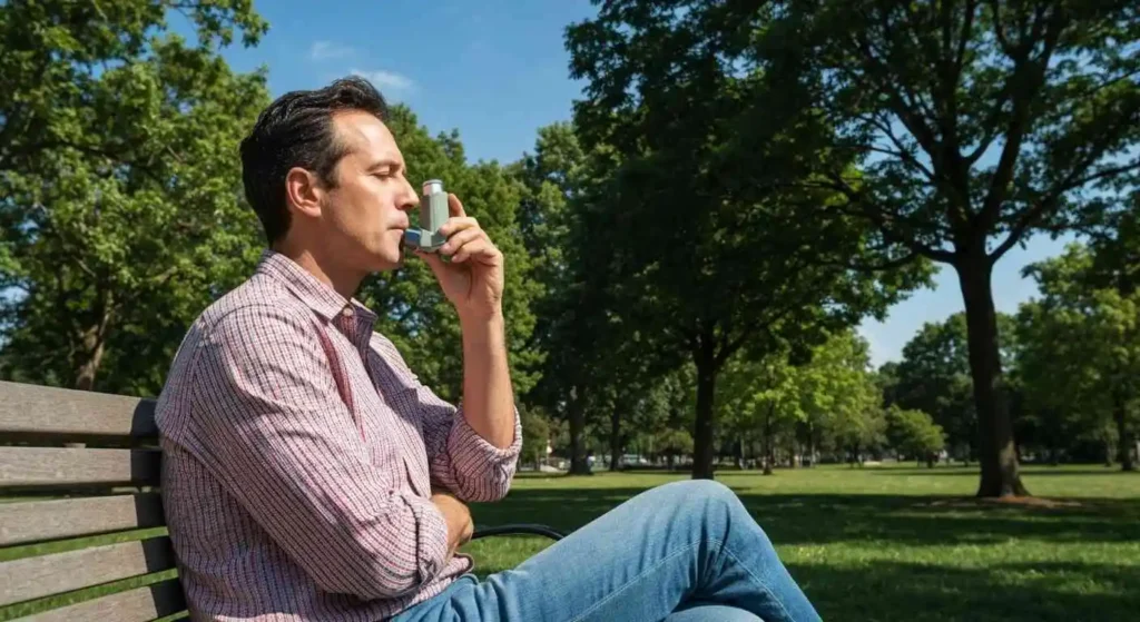 Mężczyzna z lekiem wziewnym na astmę